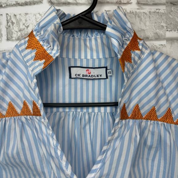 CK Bradley Striped Long Sleeve Blue/ White Blouse Orange Embroidery Women's XS - Picture 4 of 6